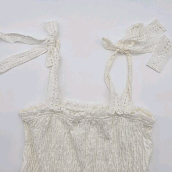 Anthropologie Top Womens Small White Tank Gauze Smocked Eyelet Boho Tie Eri Ali - Picture 6 of 11